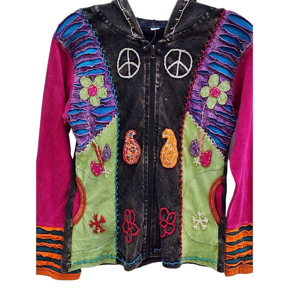 NEW Patchwork Peace Sign Paisley Hippie ZipUp Jacket sz S Festival Boho Cochella - Picture 2 of 8
